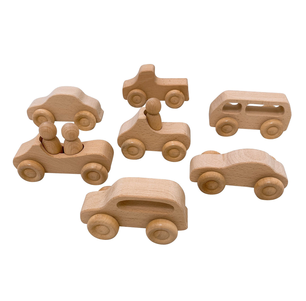 7-Piece Wooden Cars Set with 3 Peg Dolls - Natural