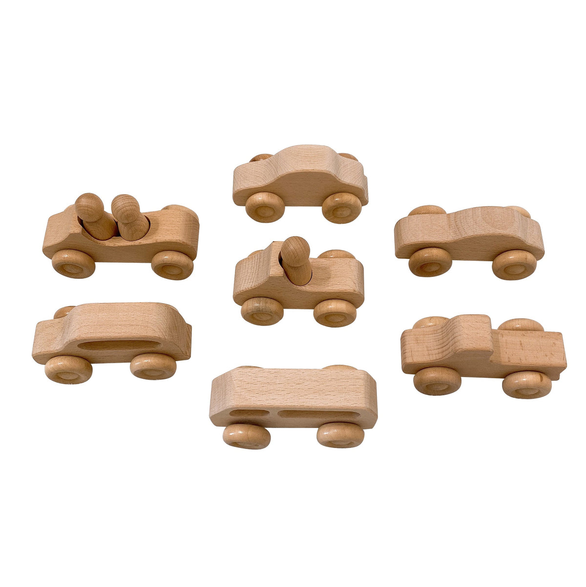 7-Piece Wooden Cars Set with 3 Peg Dolls - Natural