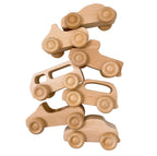 7-Piece Wooden Cars Set with 3 Peg Dolls - Natural