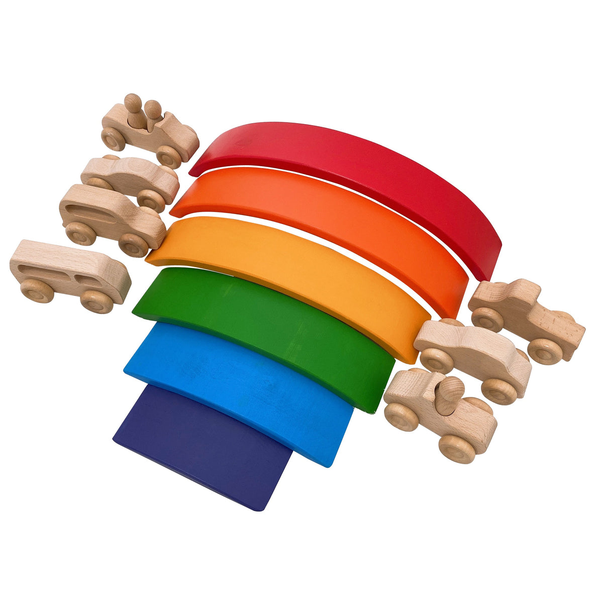 7-Piece Wooden Cars Set with 3 Peg Dolls - Natural