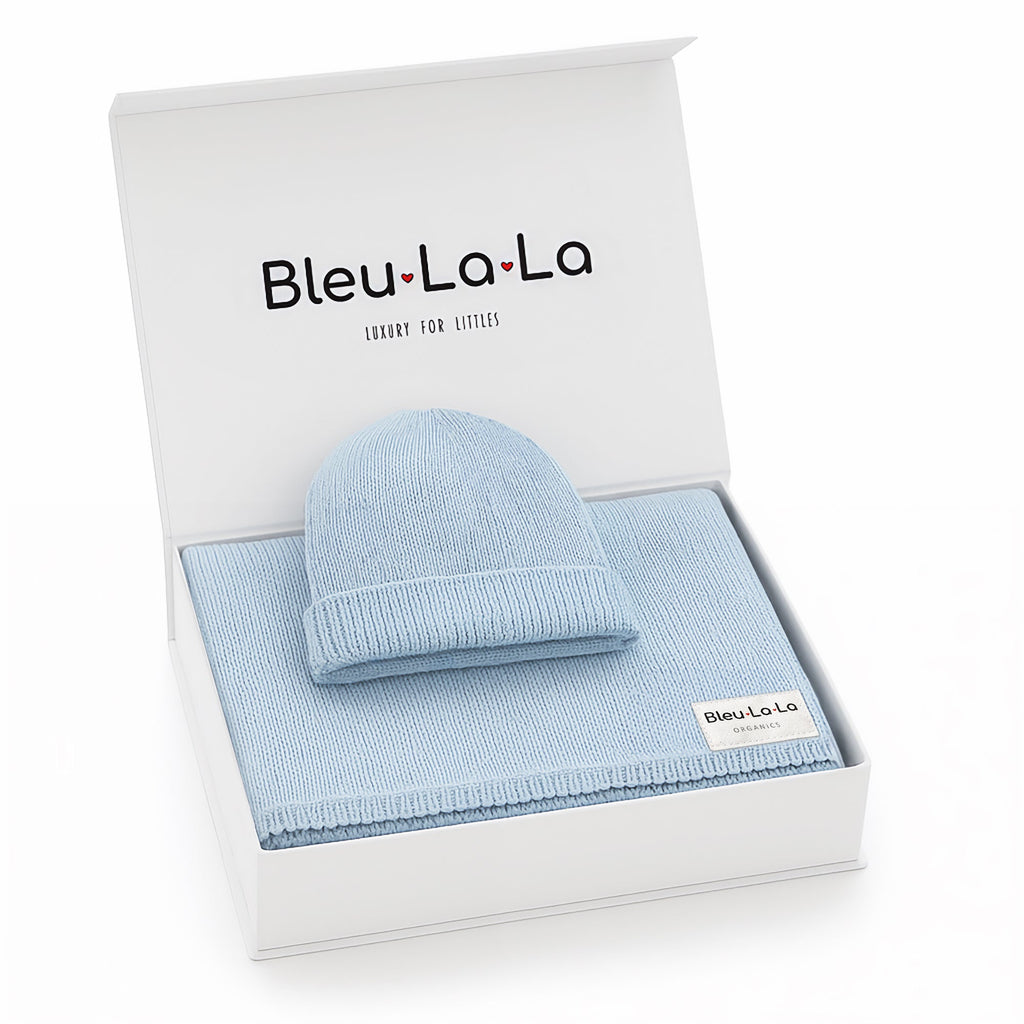 Luxe Collection 100% Organic Cotton Luxury Knit Baby Blanket + Hat Set with Gift Box