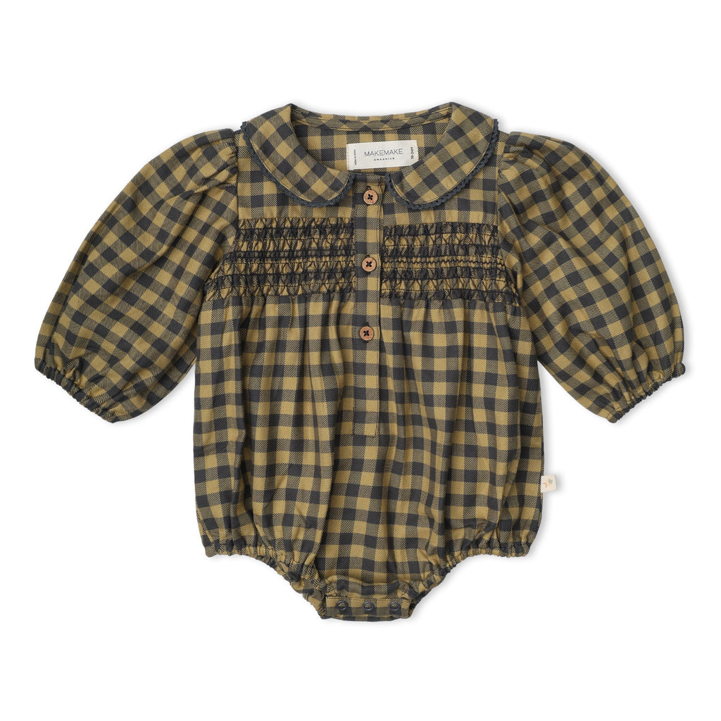 Organic Smocked Long Sleeve Bubble Romper - Olive Gingham