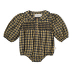 Organic Smocked Long Sleeve Bubble Romper - Olive Gingham
