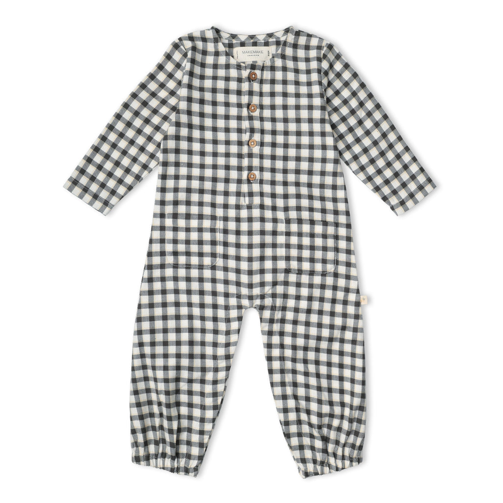 Organic Long Sleeve Button Romper - Charcoal Plaid