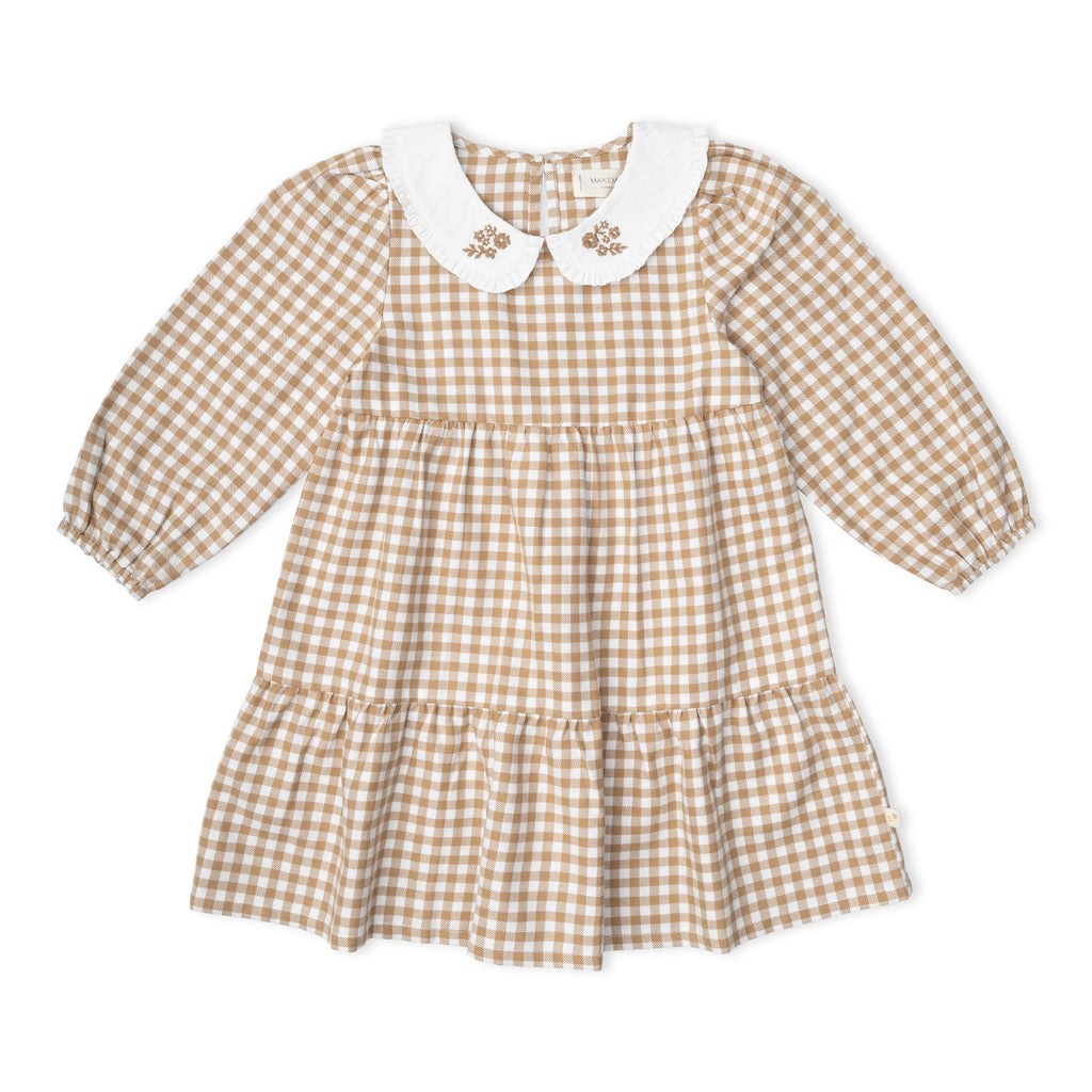 Organic Collar Tiered Dress - Oat Gingham