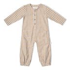 Organic Long Sleeve Button Romper - Oat Gingham