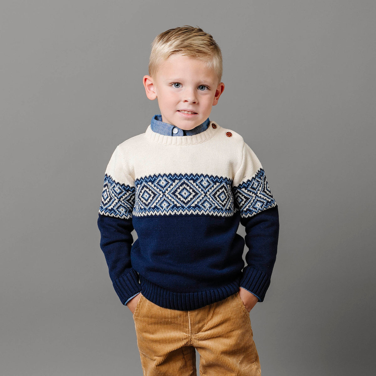 Organic Intarsia Crew Neck Button Sweater - Baby