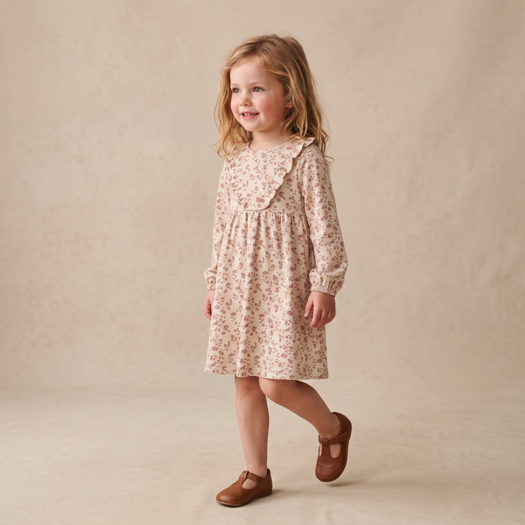 Organic Long Sleeve Ruffle -V- Dress - Petal Whispers