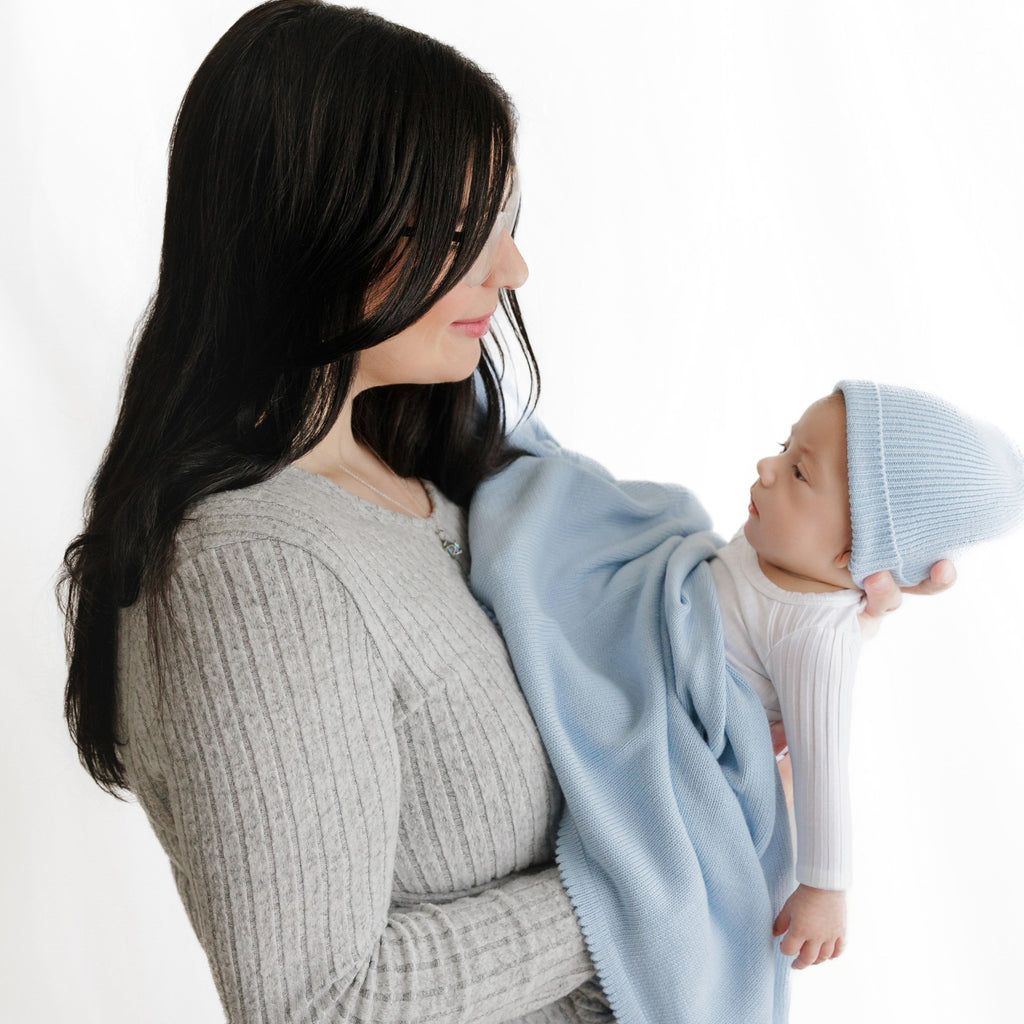 Luxe Collection 100% Organic Cotton Luxury Knit Baby Blanket + Hat Set with Gift Box