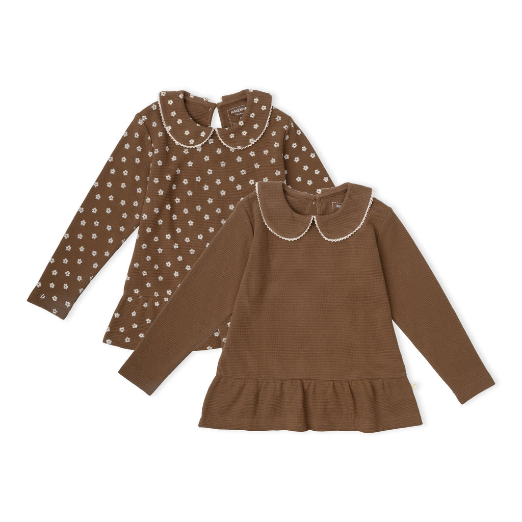 Organic Collar Peplum Top Set of 2 - Chestnut Bloom + Brown