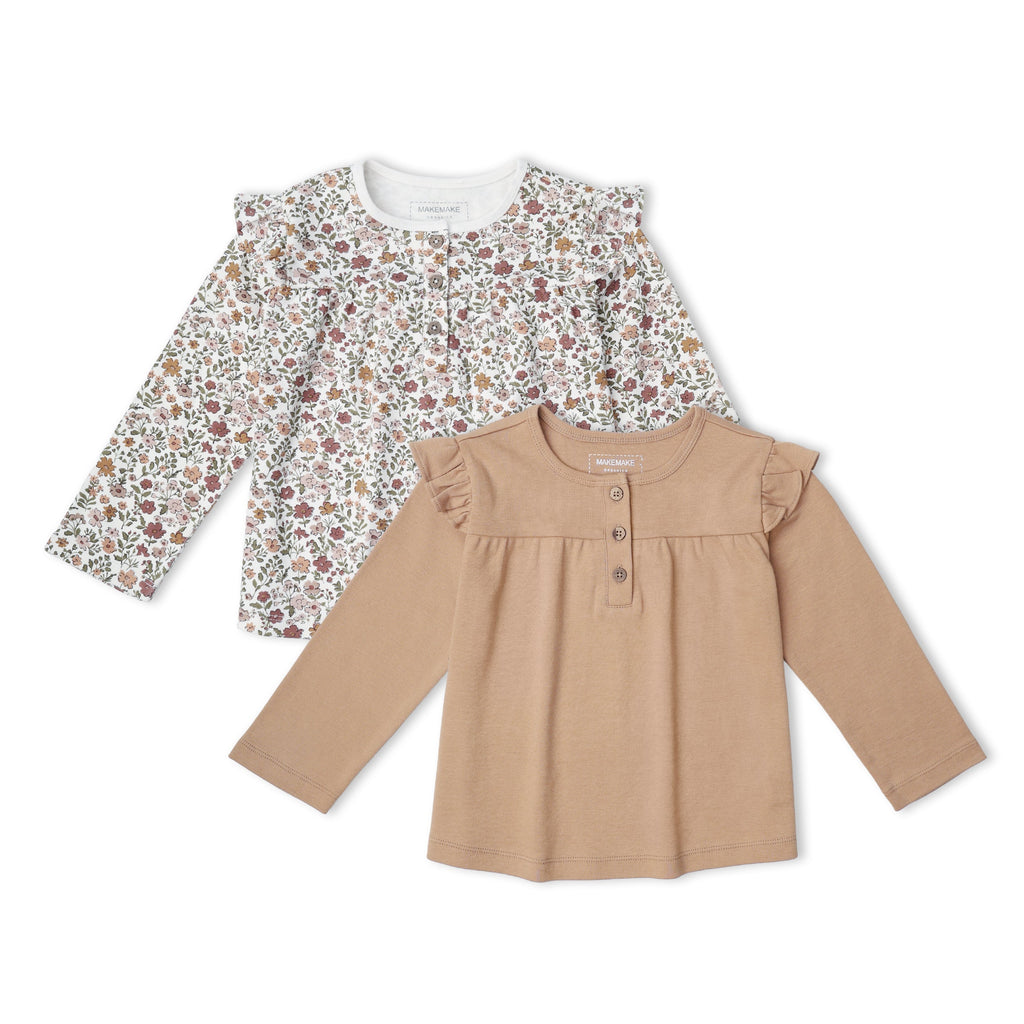 Organic Ruffle Sleeve Top Set of 2 - Woodland Sprig + Taupe