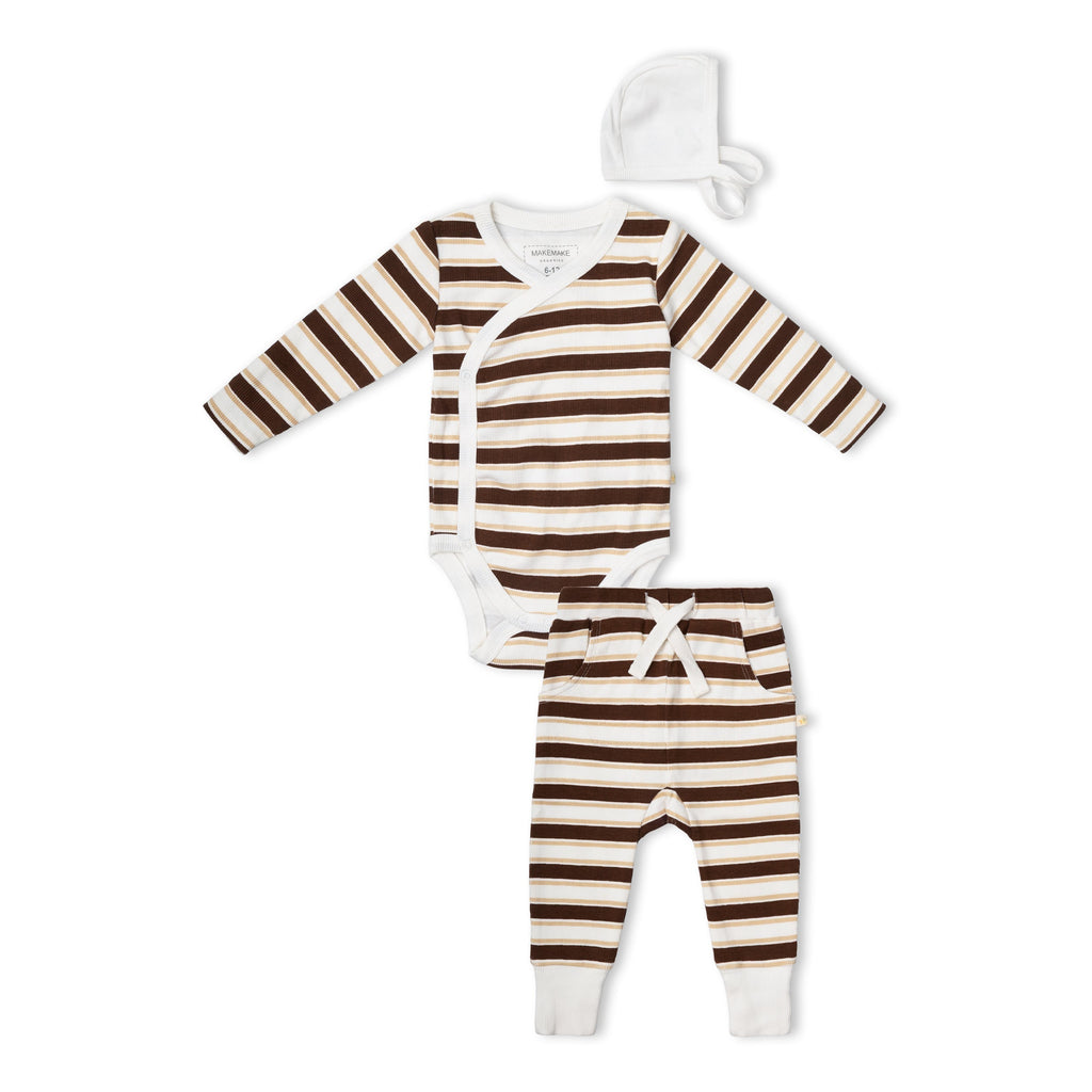 Organic Kimono Onesie & Pants Set - Cocoa Stripe