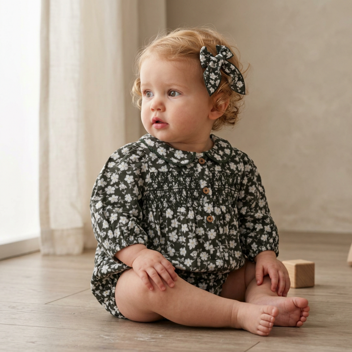 Organic Smocked Long Sleeve Bubble Romper - Twilight Meadow