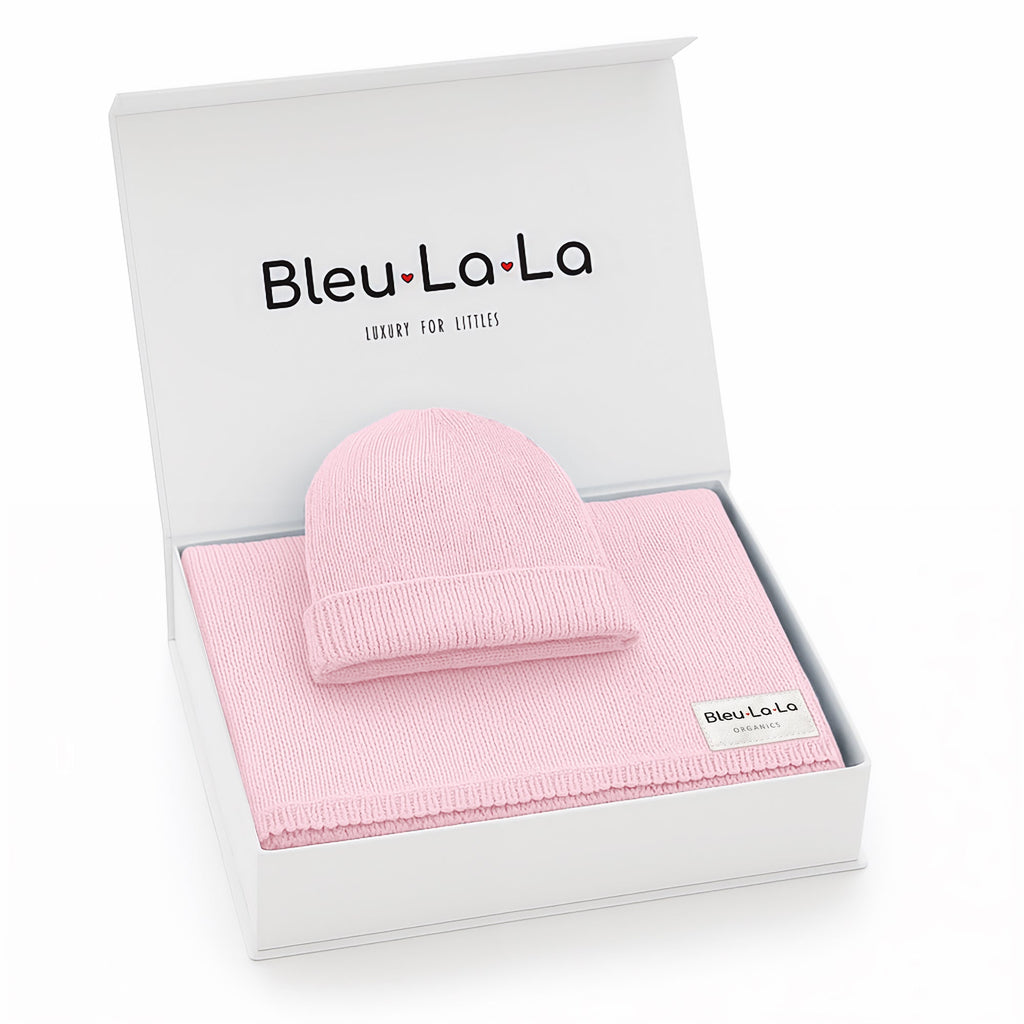 Luxe Collection 100% Organic Cotton Luxury Knit Baby Blanket + Hat Set with Gift Box
