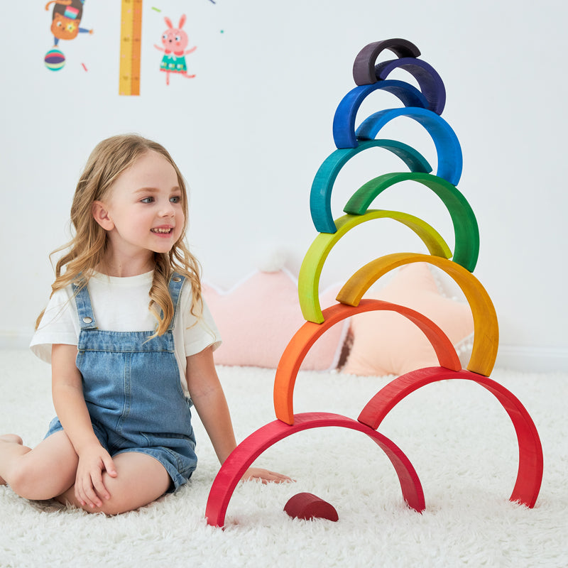 12-Piece Large Wooden Rainbow Stackers – Primary | Pine or Basswood Options