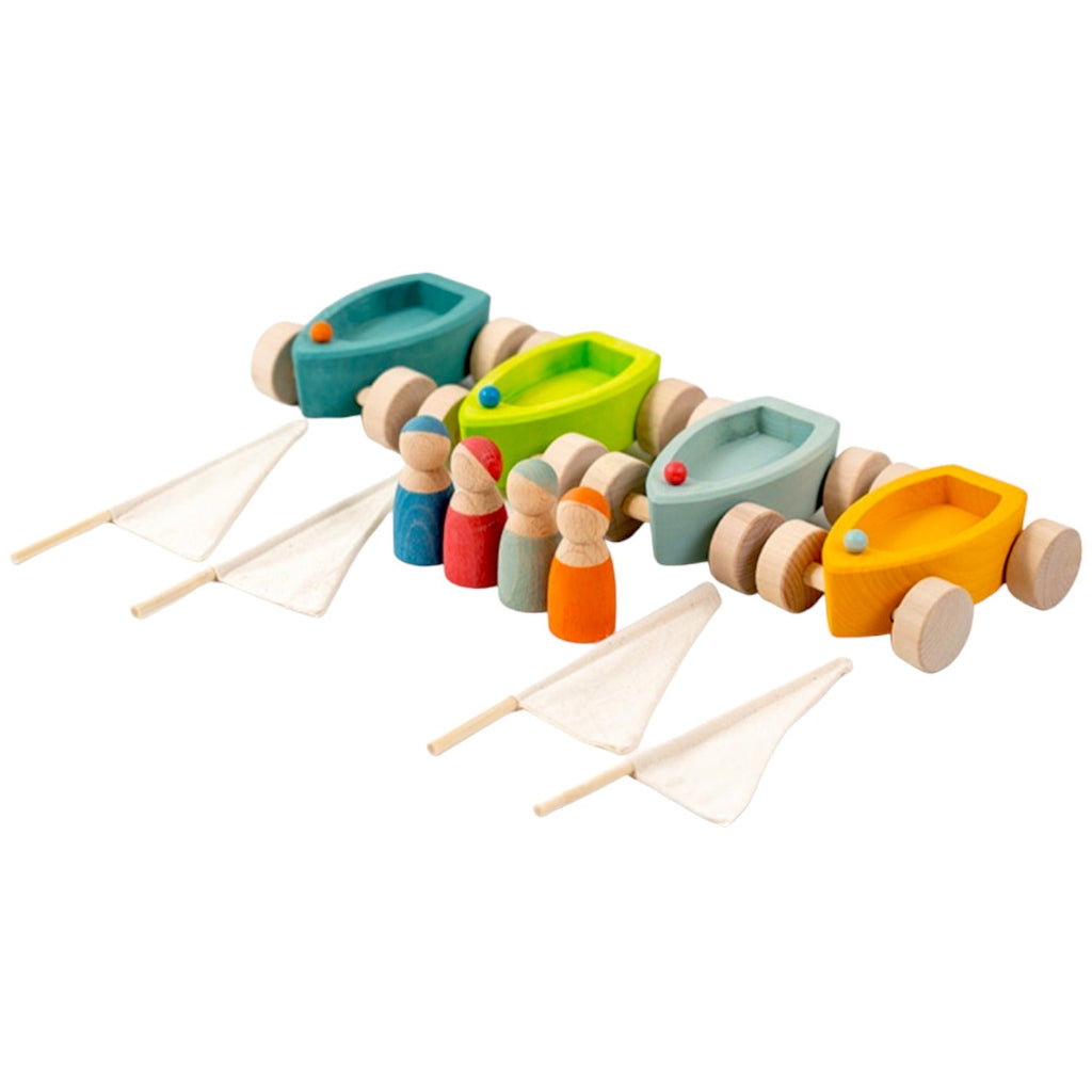 4-Piece Wooden "Land Yachts" with 4 Peg Dolls (Stained)