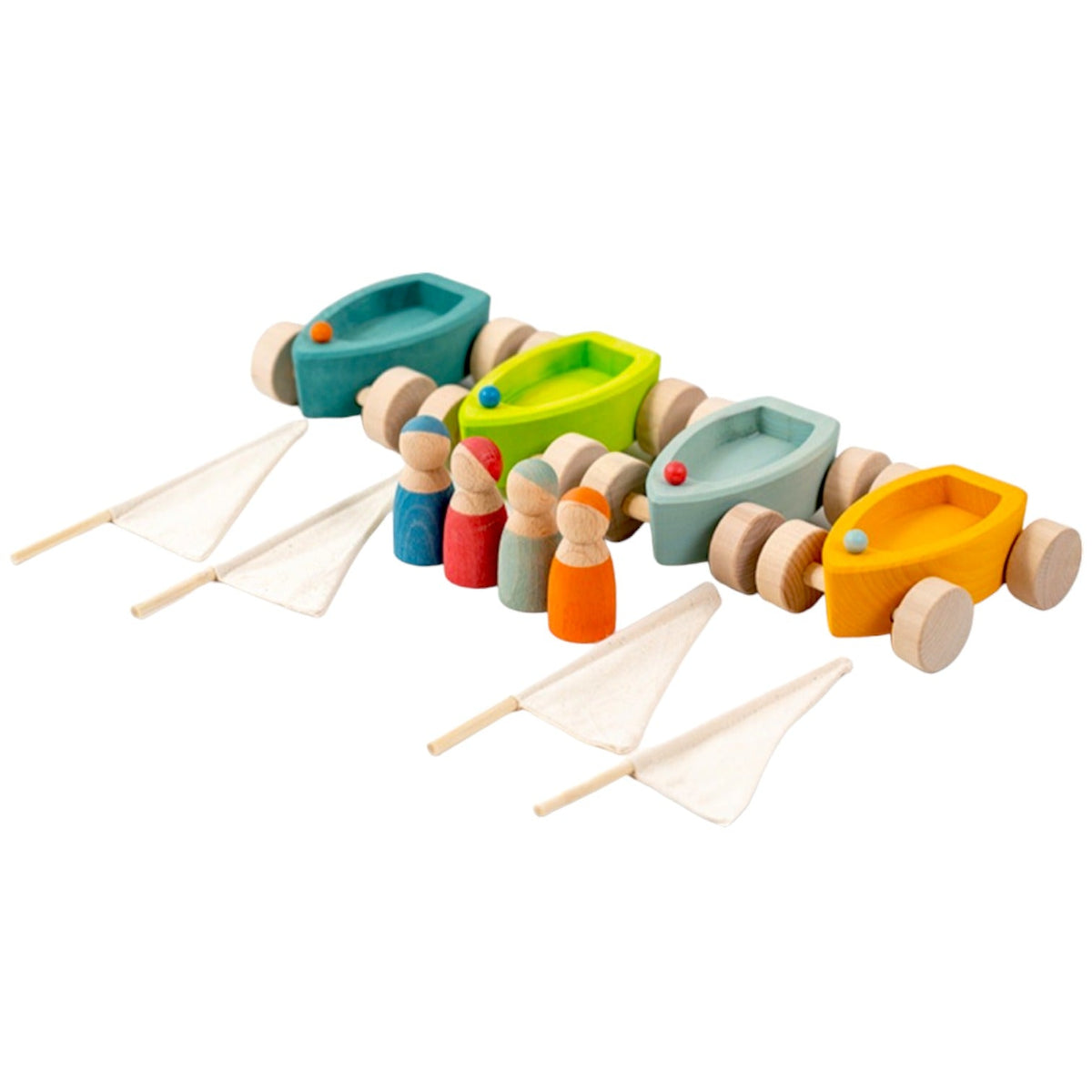 4-Piece Wooden "Land Yachts" with 4 Peg Dolls (Stained)
