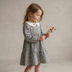 Organic Collar Tiered Dress - Charcoal Plaid