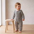 Organic Long Sleeve Button Romper - Charcoal Plaid