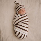 Organic Swaddle Blanket & Hat Set - Cocoa Stripe