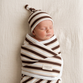 Organic Swaddle Blanket & Hat Set - Cocoa Stripe