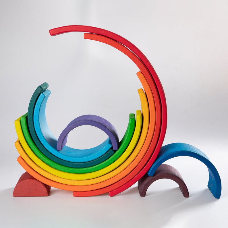 12-Piece Large Wooden Rainbow Stackers – Primary | Pine or Basswood Options