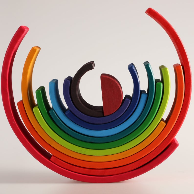12-Piece Large Wooden Rainbow Stackers – Primary | Pine or Basswood Options