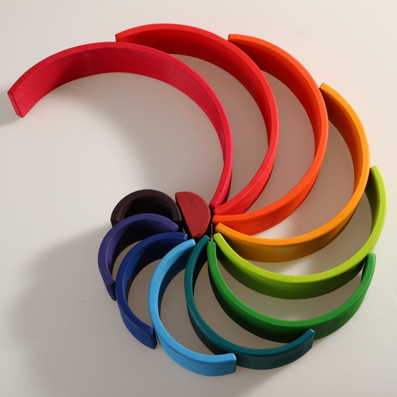 12-Piece Large Wooden Rainbow Stackers – Primary | Pine or Basswood Options