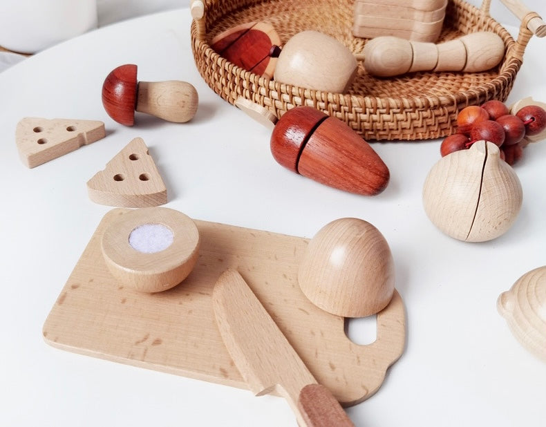 **Pre-order (Ships in 2-3 Weeks)** 30-Piece Wooden Fruits and Vegetables Cutting Playset