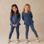 Organic Collar Peplum Top Set of 2 - Indigo Blossom + Navy