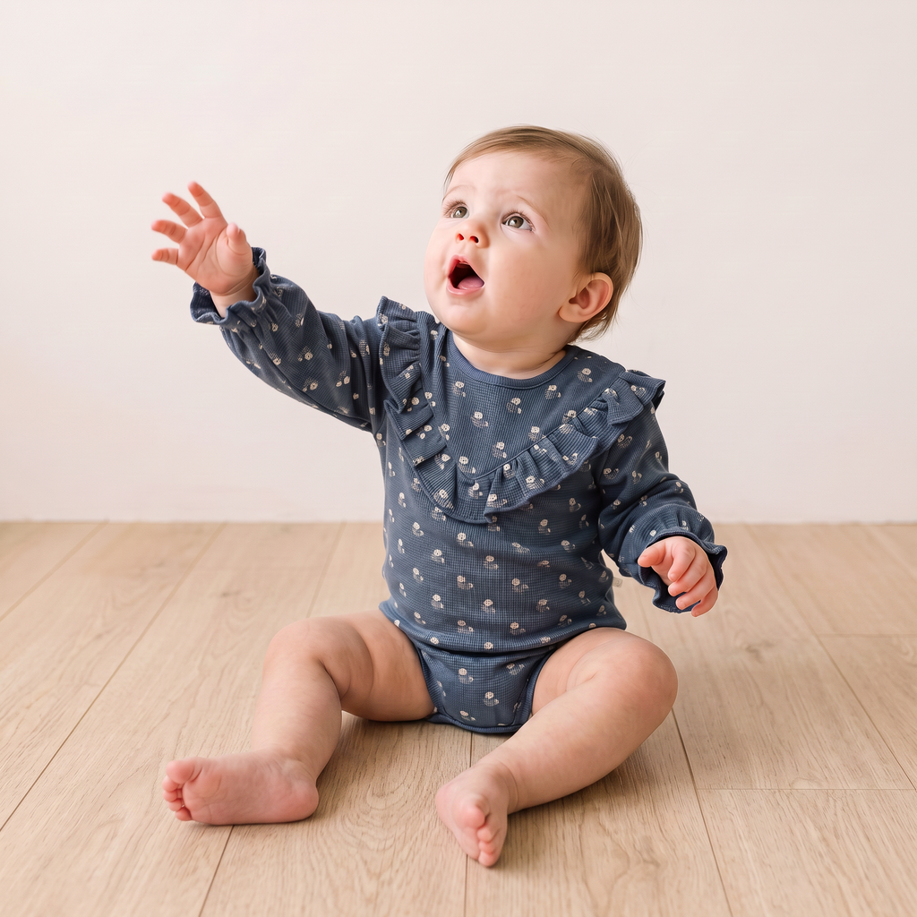 Organic Ruffle Bubble Romper - Indigo Blossom