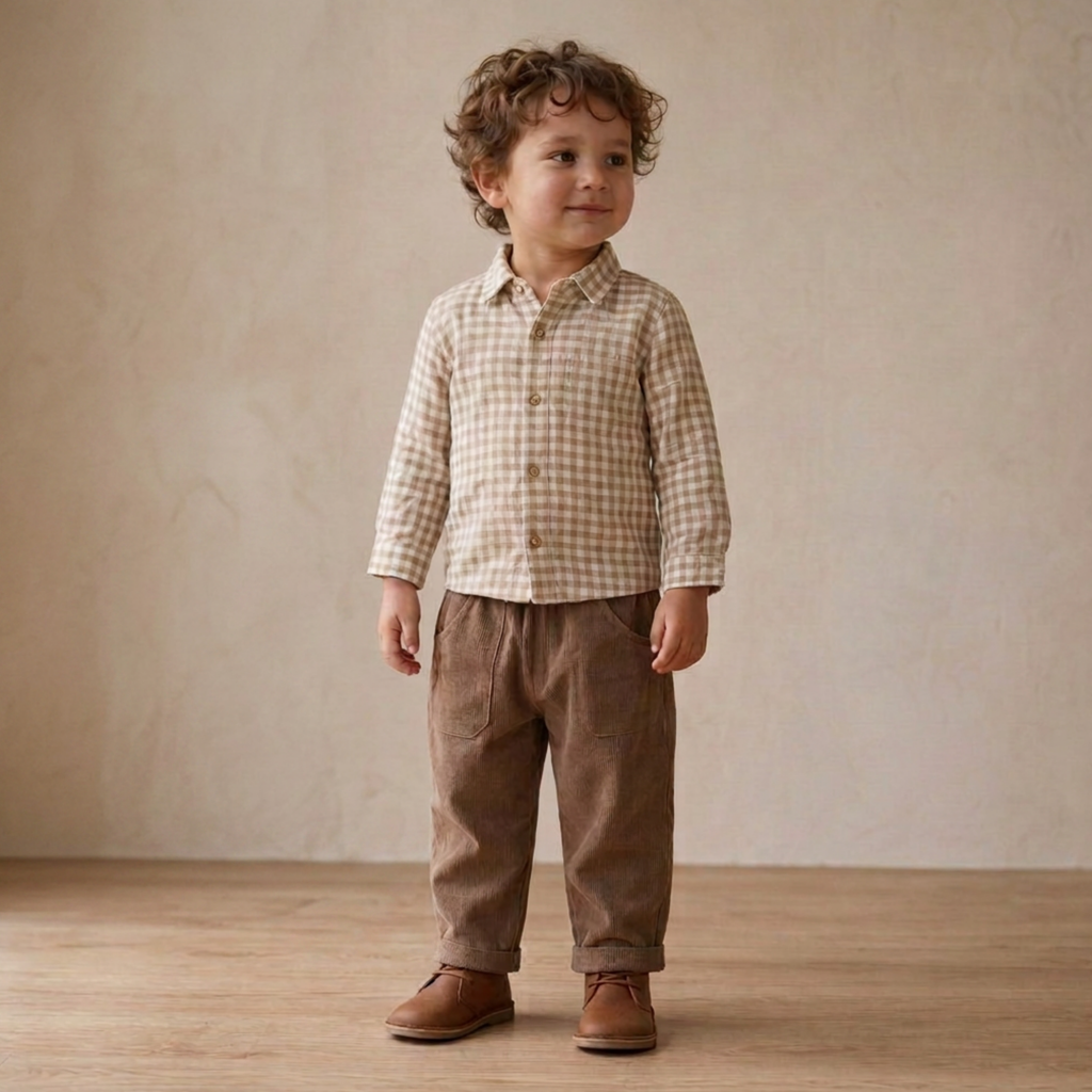 Organic Collared Long Sleeve Shirt - Oat Gingham
