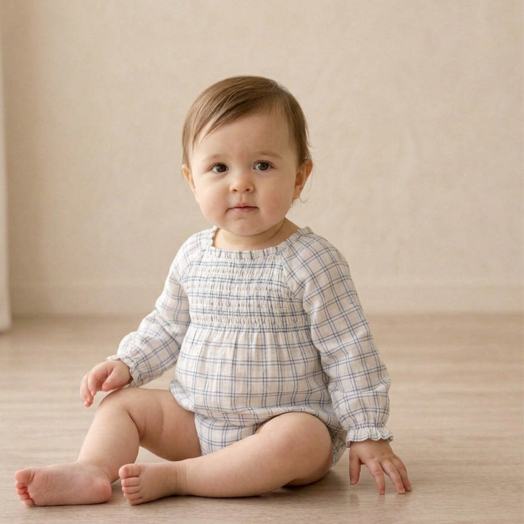 Organic Smocked Long Sleeve Romper - Window Plaids
